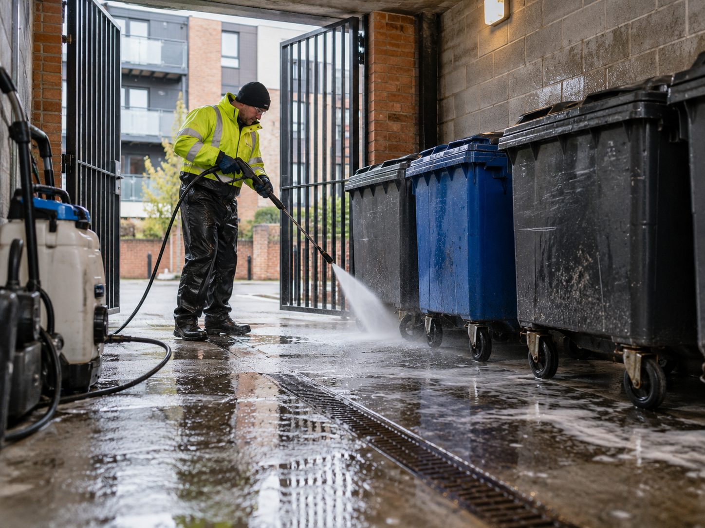 Operative pressure washing the floor of a bin store