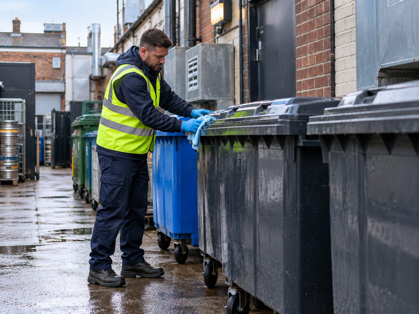 Operative wiping down commercial bin lids in a pub service yard
