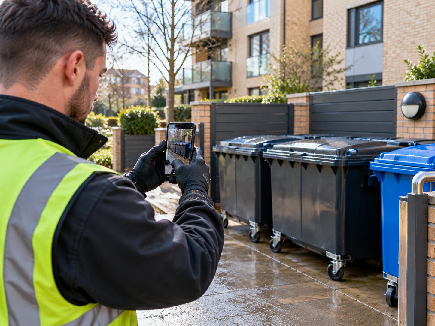 Operative photographing clean communal bins for the visit report