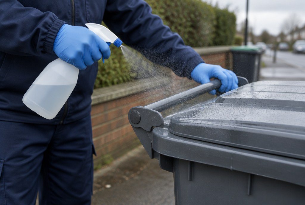 Cleaner disinfecting a bin lid and handle