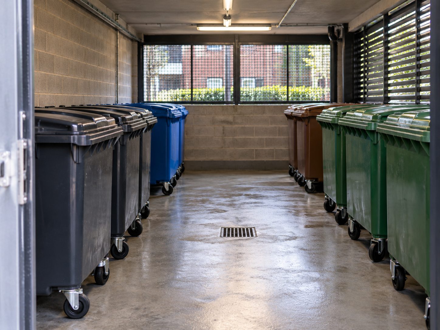 Clean communal bin store with general waste, recycling and food waste Eurobins