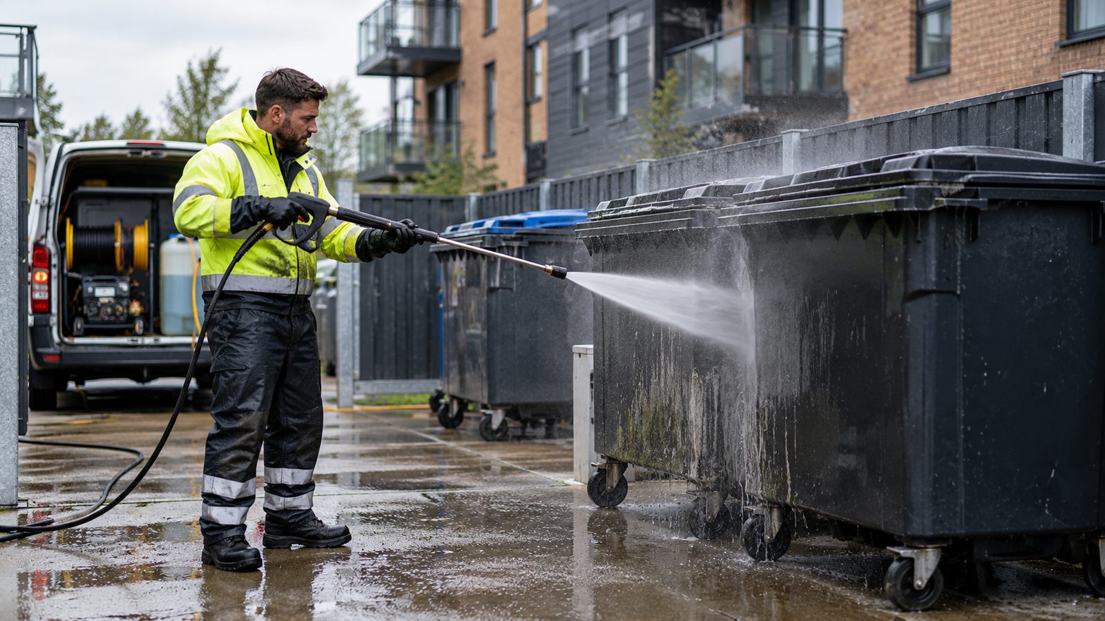 Operative pressure washing communal Eurobins outside an apartment block