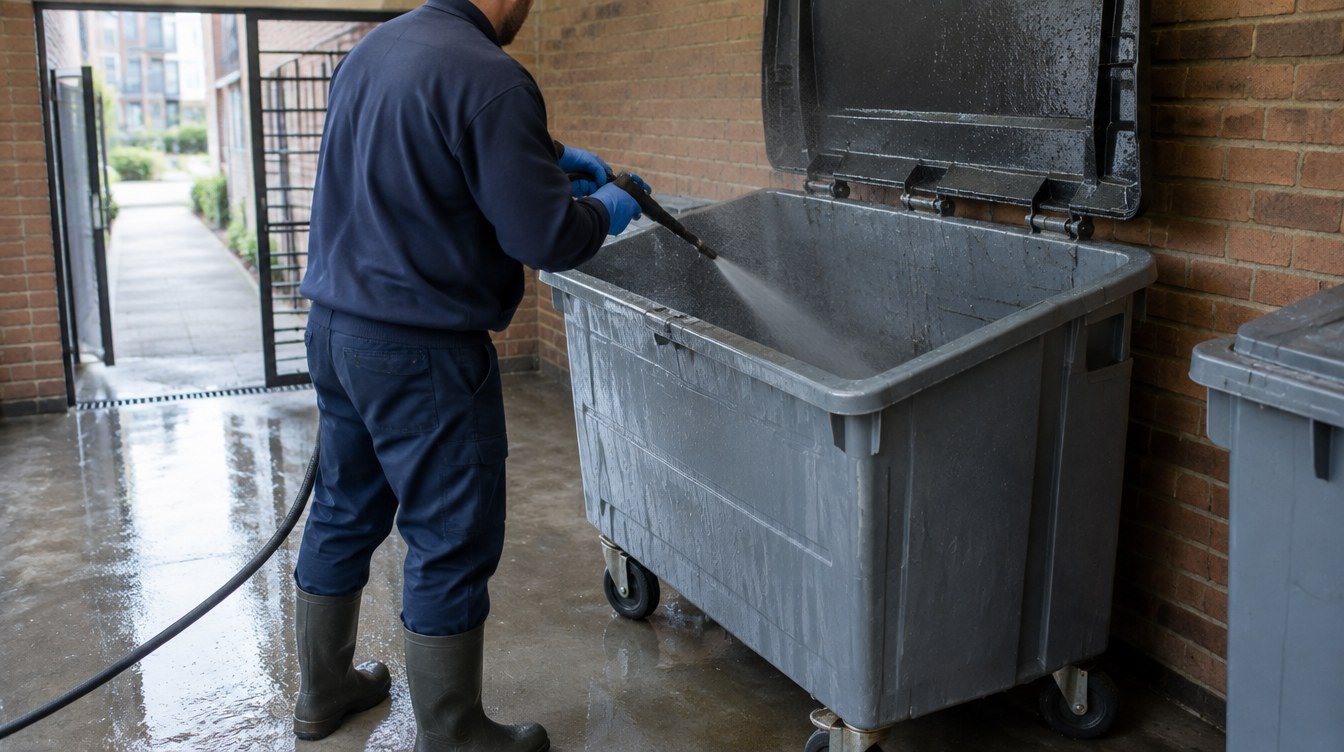 Cleaner pressure washing a communal Eurobin in an apartment bin store
