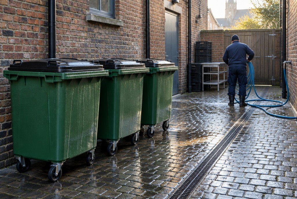 Freshly washed commercial bins in a restaurant service yard